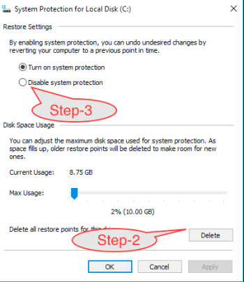 Delete and Disable the system Protection