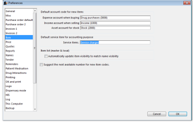 Preferences window:item tab